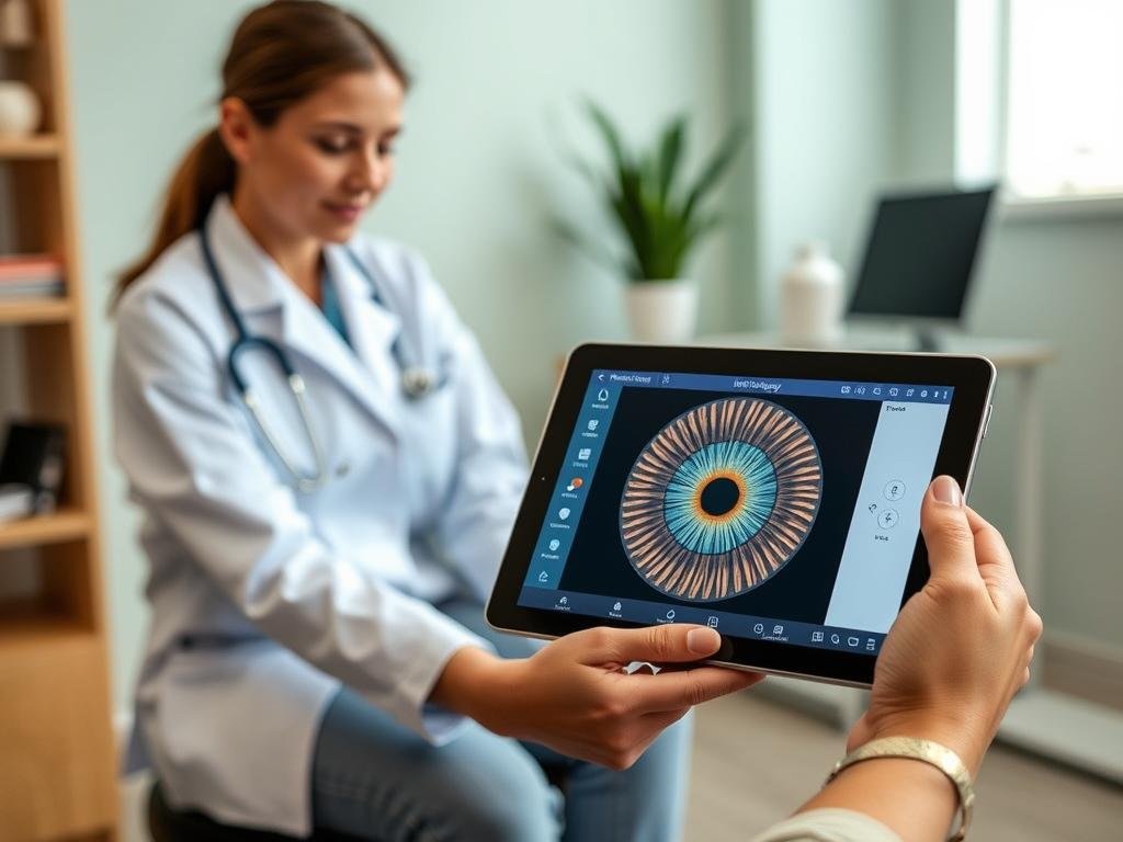 Profesional utilizando versión móvil de iridologia software en tablet Profesional utilizando versión móvil de iridologia software en tablet