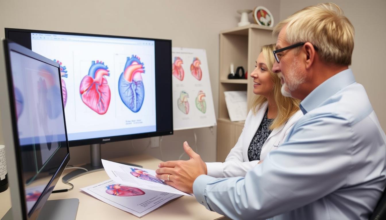 Profesional y paciente analizando juntos un mapa de iridología cardiovascular