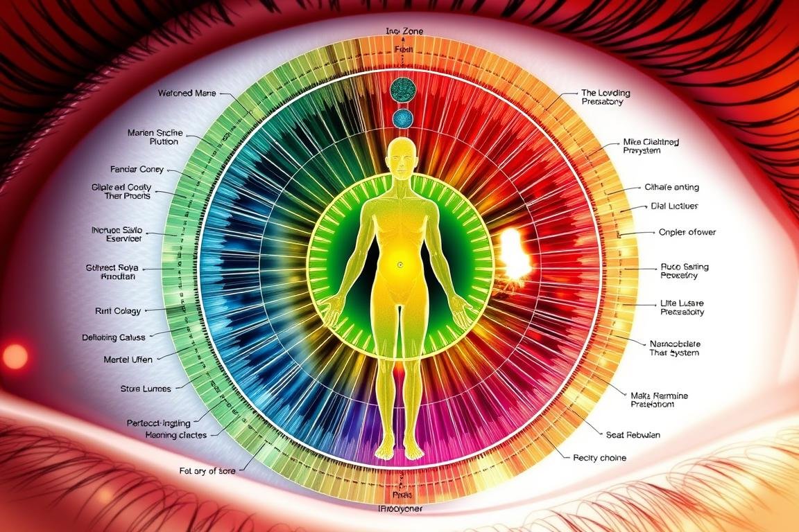 Representación holística del cuerpo humano junto a un mapa de iridología