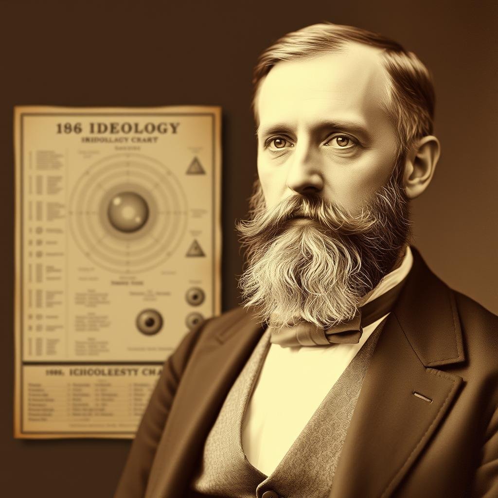 Retrato de Ignaz von Peczely junto a su mapa de iridología original
