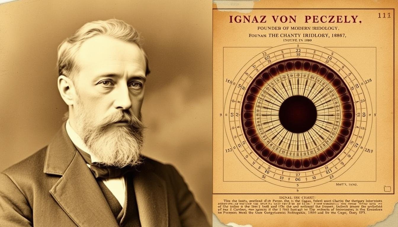 Ritratto di Ignaz von Peczely, fondatore dell'iriologia moderna, con la sua mappa iriologica originale