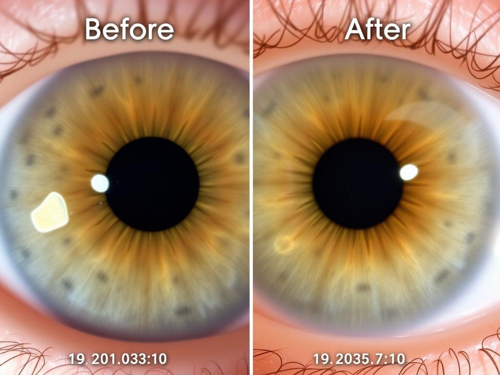 Seguimiento fotográfico del iris de un paciente mostrando cambios después de un programa de salud holística Seguimiento fotográfico del iris de un paciente mostrando cambios después de un programa de salud holística