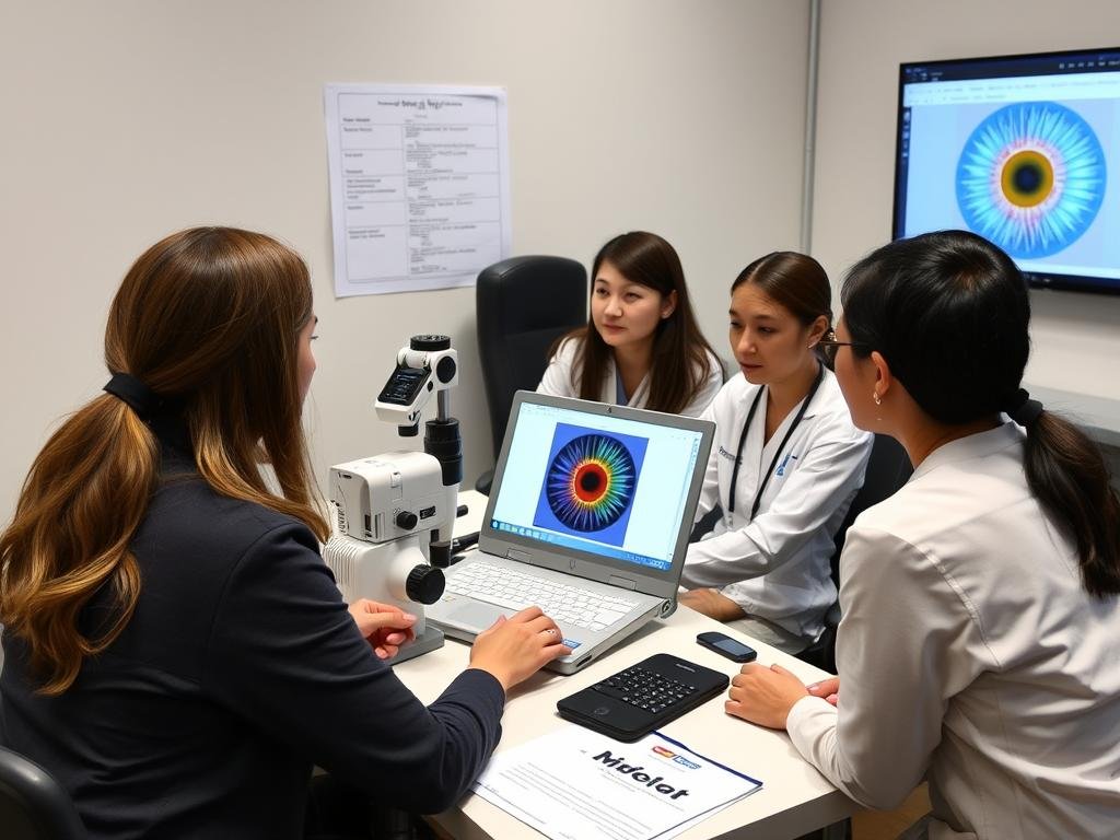 Sesión de capacitación sobre el uso de un aparato de iridología
