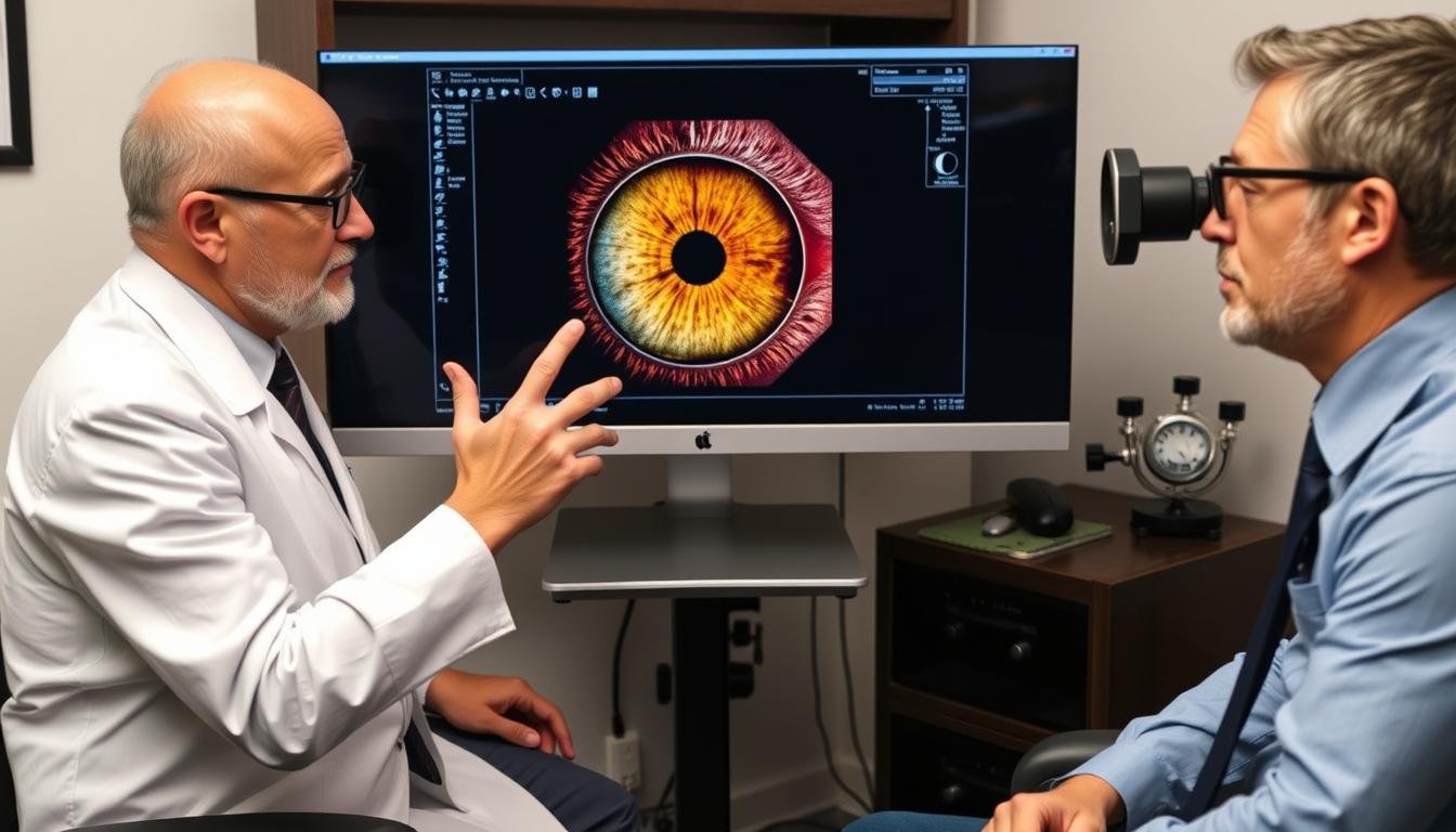 Sesión de consulta de iridología donde un especialista analiza fotografías de iris en un monitor