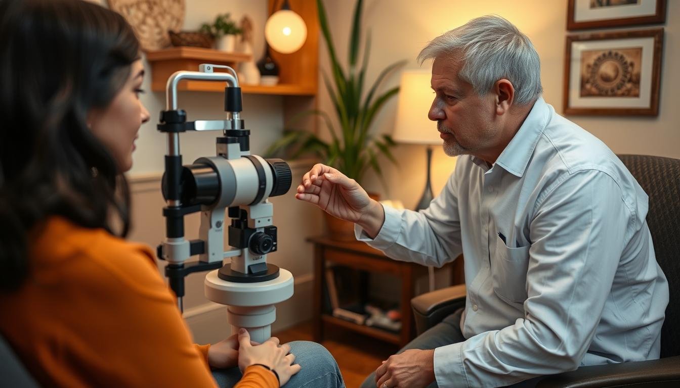 Sesión de iridología donde un especialista analiza el iris de un paciente en un ambiente relajado