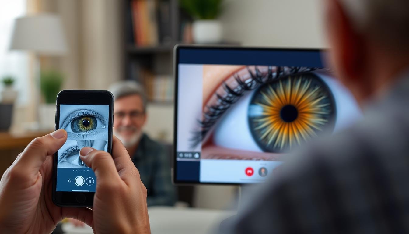 Sesión de telemedicina utilizando cámara de iridología conectada a smartphone
