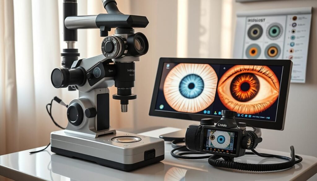 Set di strumenti professionali per l'iridologia, inclusi iriscopio, lenti e fotocamera