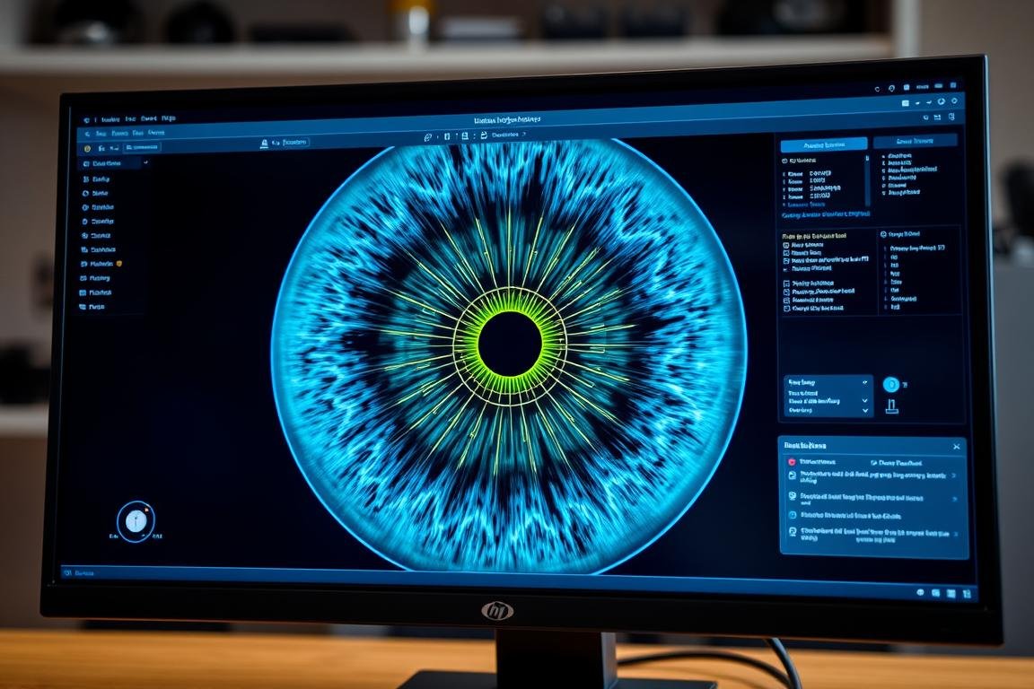 Software avanzado de análisis iridológico mostrando un iris digitalizado con marcadores Software avanzado de análisis iridológico mostrando un iris digitalizado con marcadores
