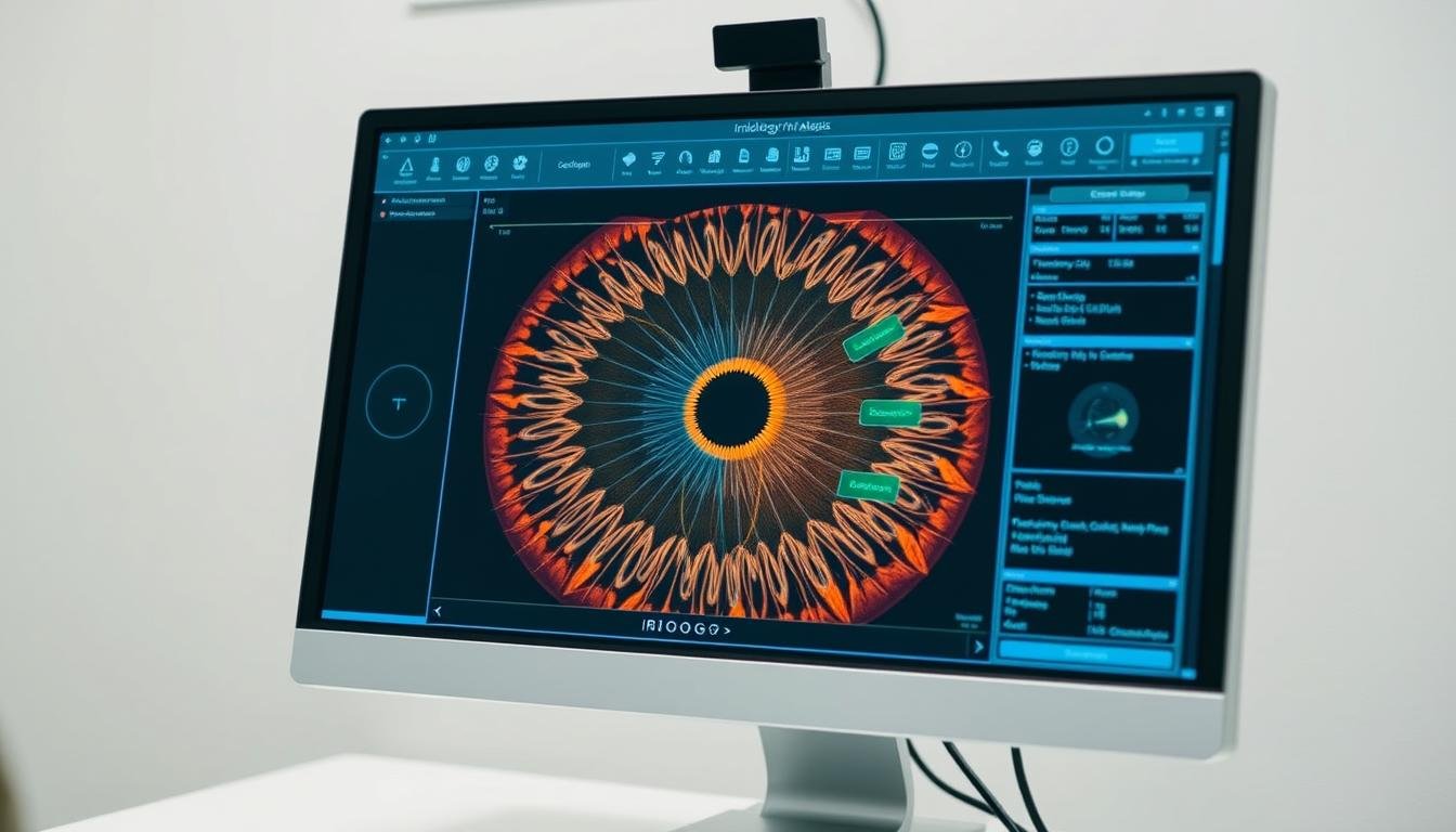 Software de análisis de iris con inteligencia artificial mostrando patrones y diagnósticos