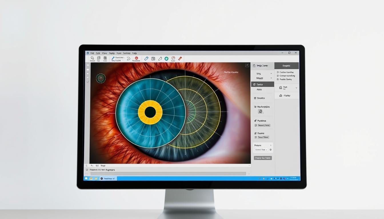 Software de análisis de iris mostrando diferentes patrones y marcas