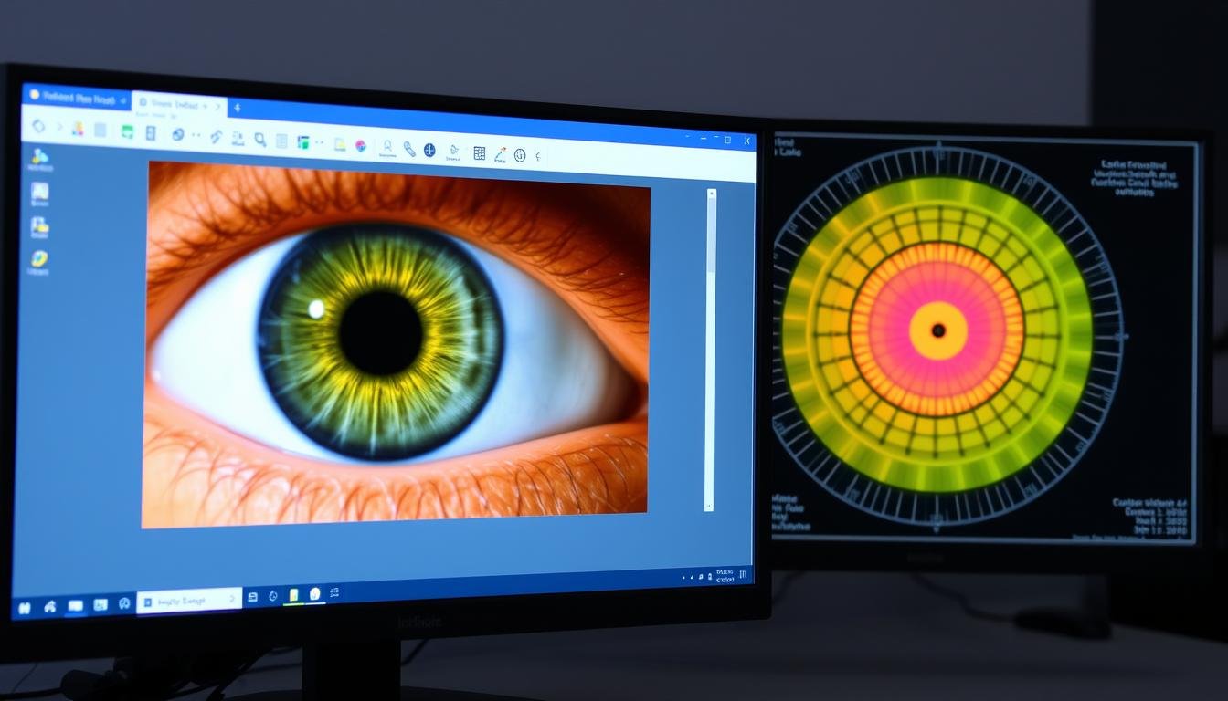 Software de análisis de iris mostrando diferentes zonas y diagnósticos