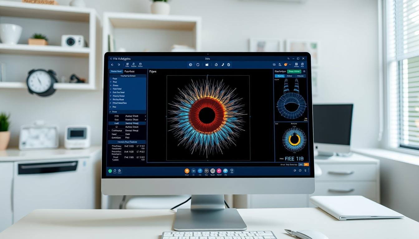 Software de iridología mostrando análisis de iris en pantalla de computadora