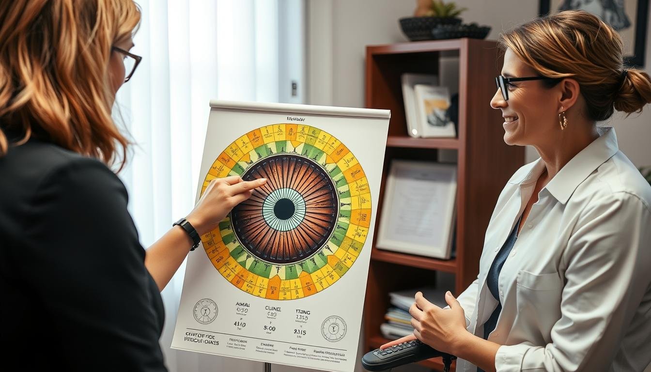 Terapeuta explicando un mapa de iridología personalizado a un paciente