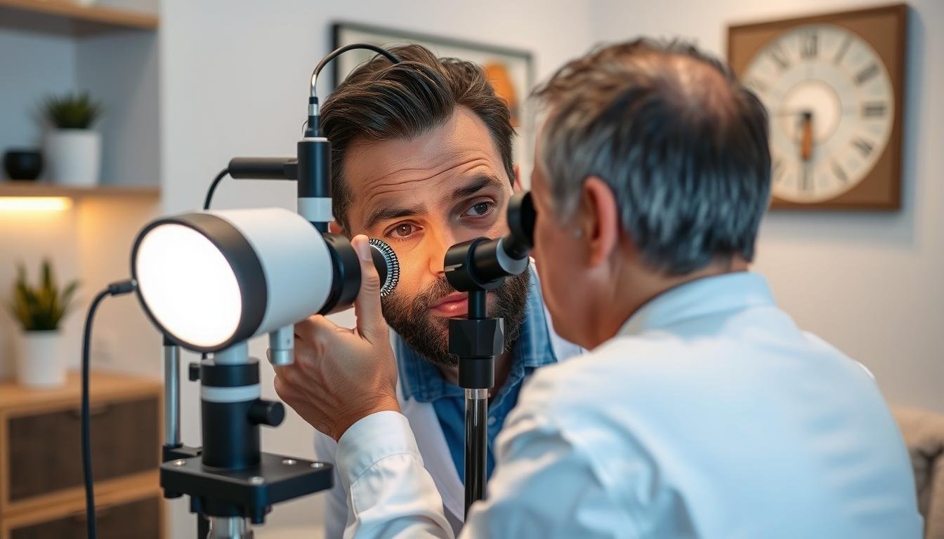 Un iriólogo examinando el iris de un paciente con una lámpara especial