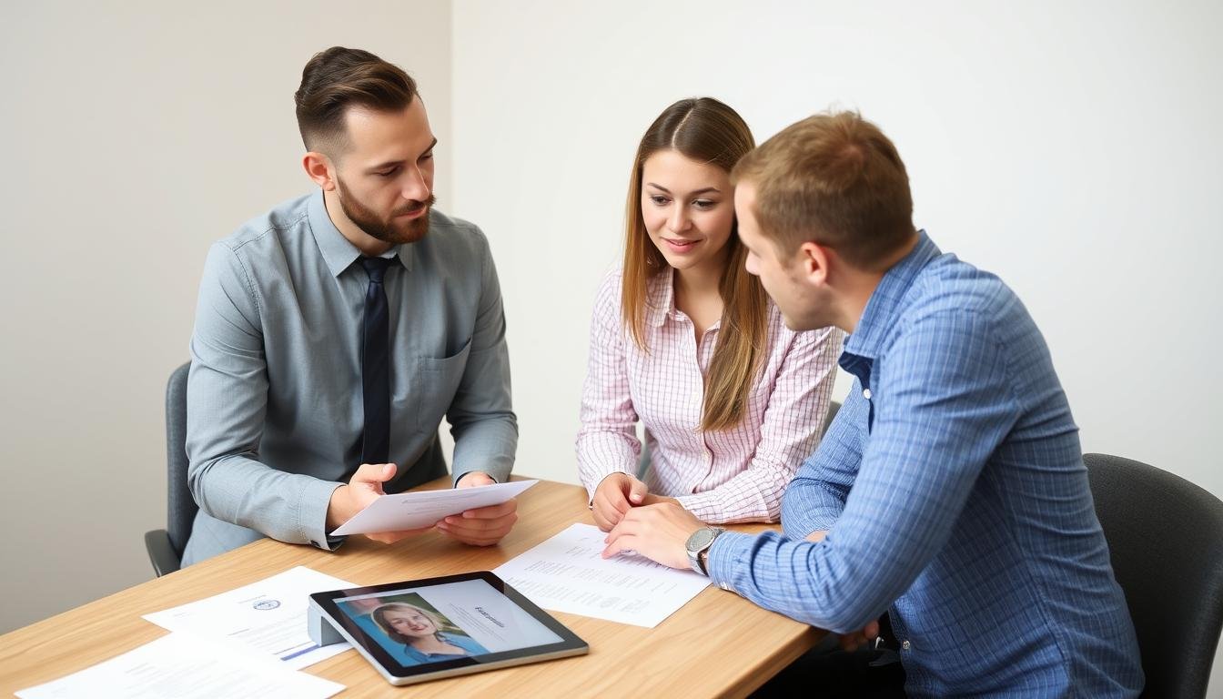 Asesor educativo explicando opciones de becas en iridología