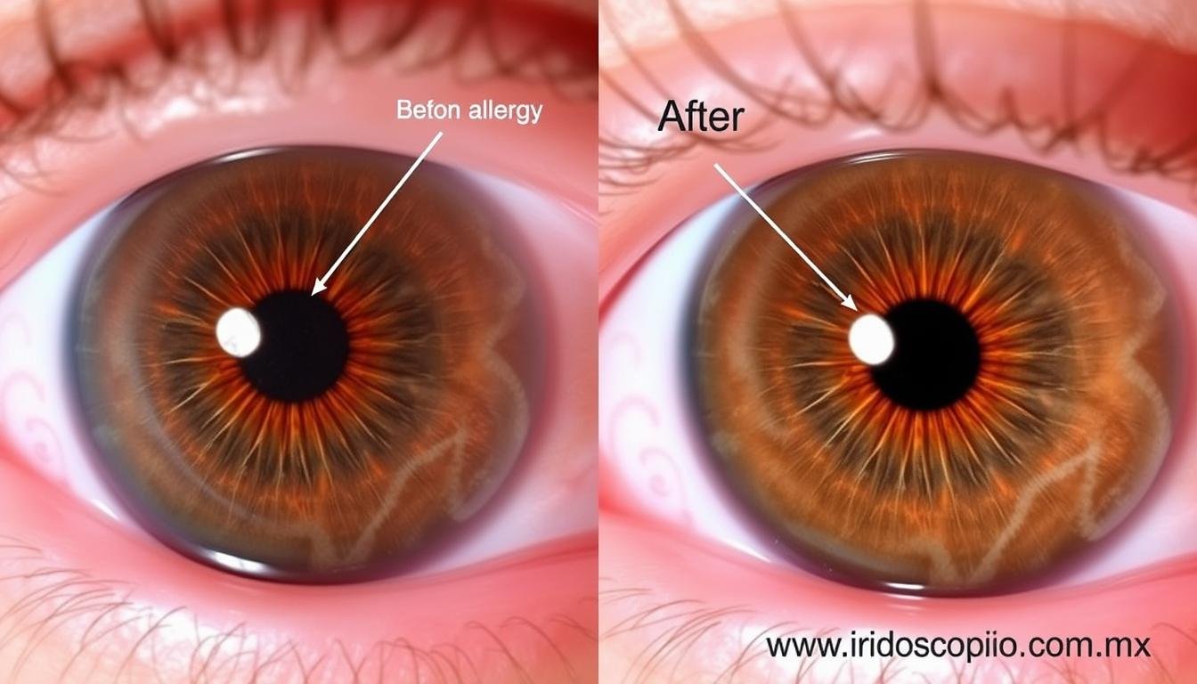 Caso de estudio de iridología mostrando signos de alergia al gluten