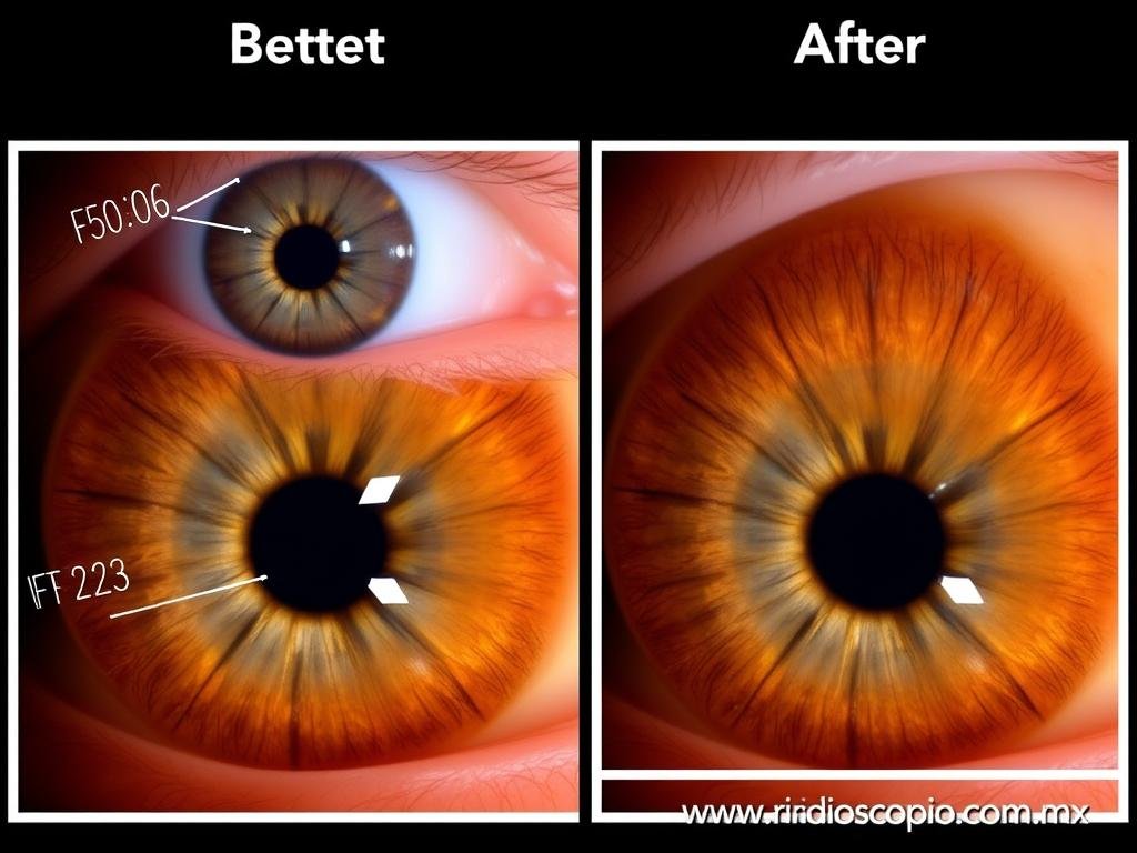 Caso de estudio de iridología mostrando signos de desequilibrio intestinal Caso de estudio de iridología mostrando signos de desequilibrio intestinal