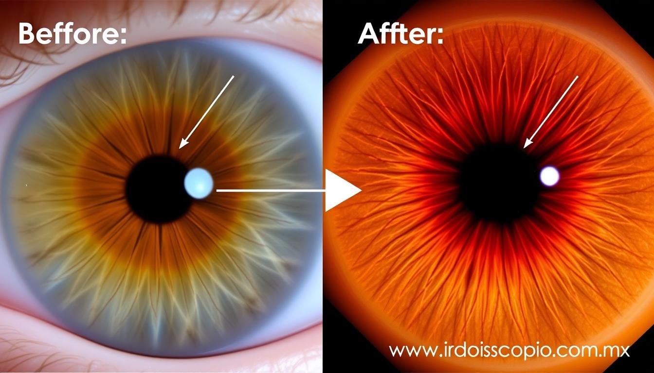 Caso de estudio de iridología mostrando signos de quistes ováricos en el iris Caso de estudio de iridología mostrando signos de quistes ováricos en el iris