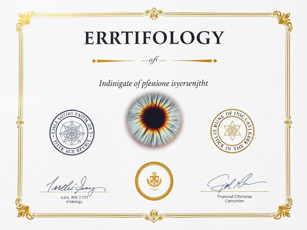 Certificado profesional de una escuela de iridología con sellos oficiales