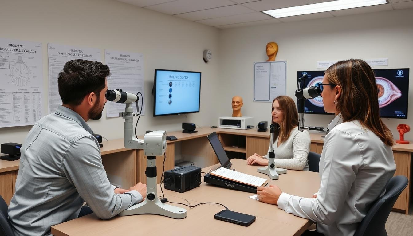Clase práctica en una escuela de iridología con equipos profesionales