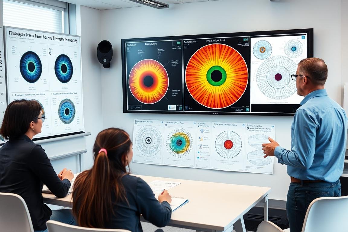 Clase teórica en escuela de iridología con mapas del iris y diagramas anatómicos