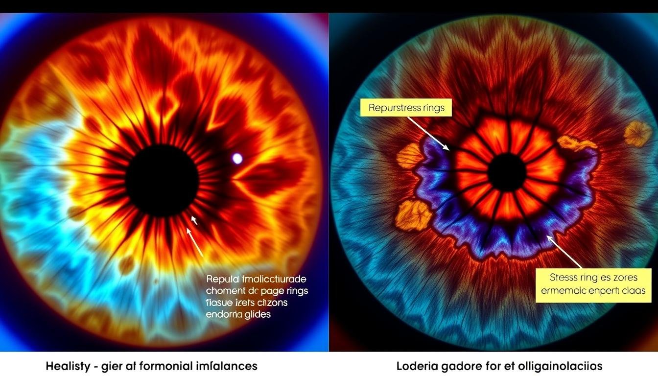 Comparación de iris sano versus iris con marcas de desequilibrio hormonal