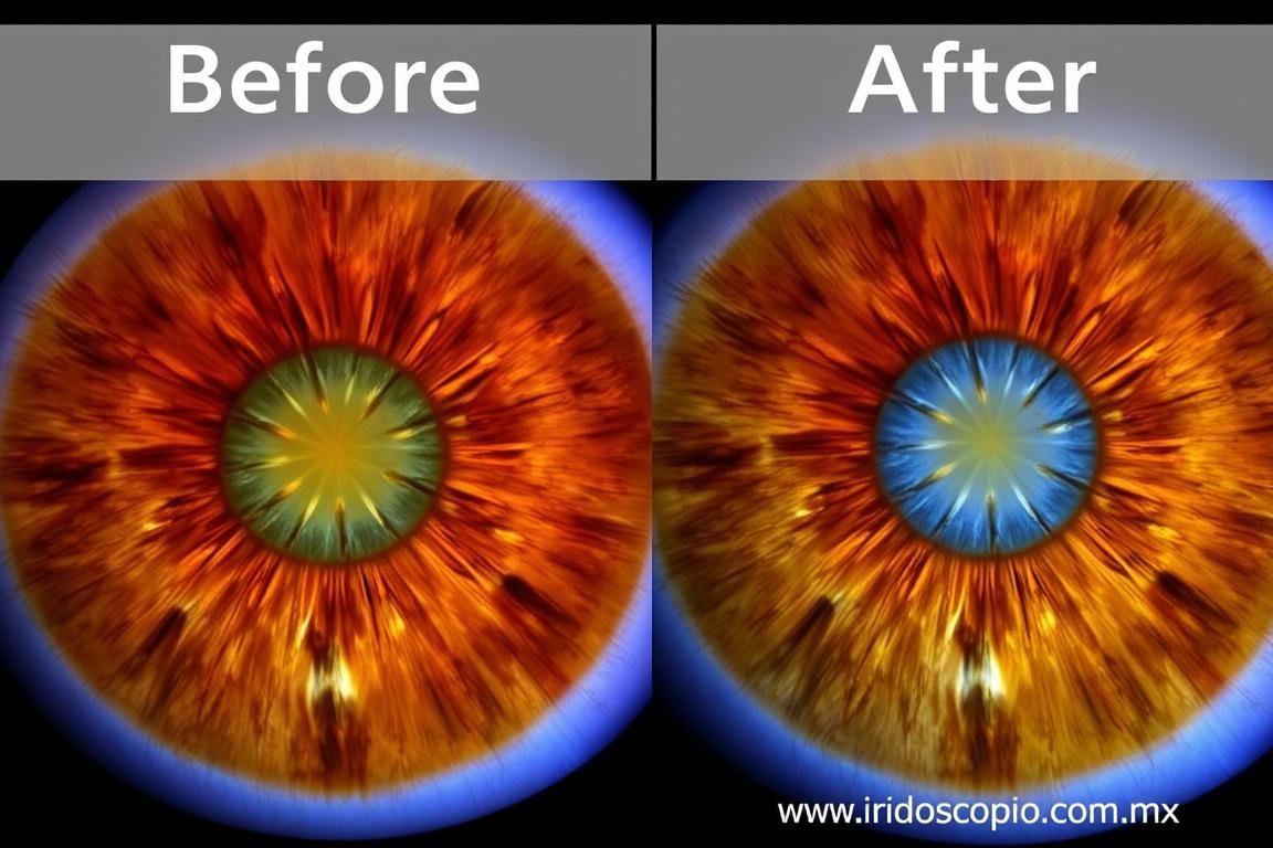 Comparativa de imágenes del iris antes y después de ajustes nutricionales durante el embarazo Comparativa de imágenes del iris antes y después de ajustes nutricionales durante el embarazo