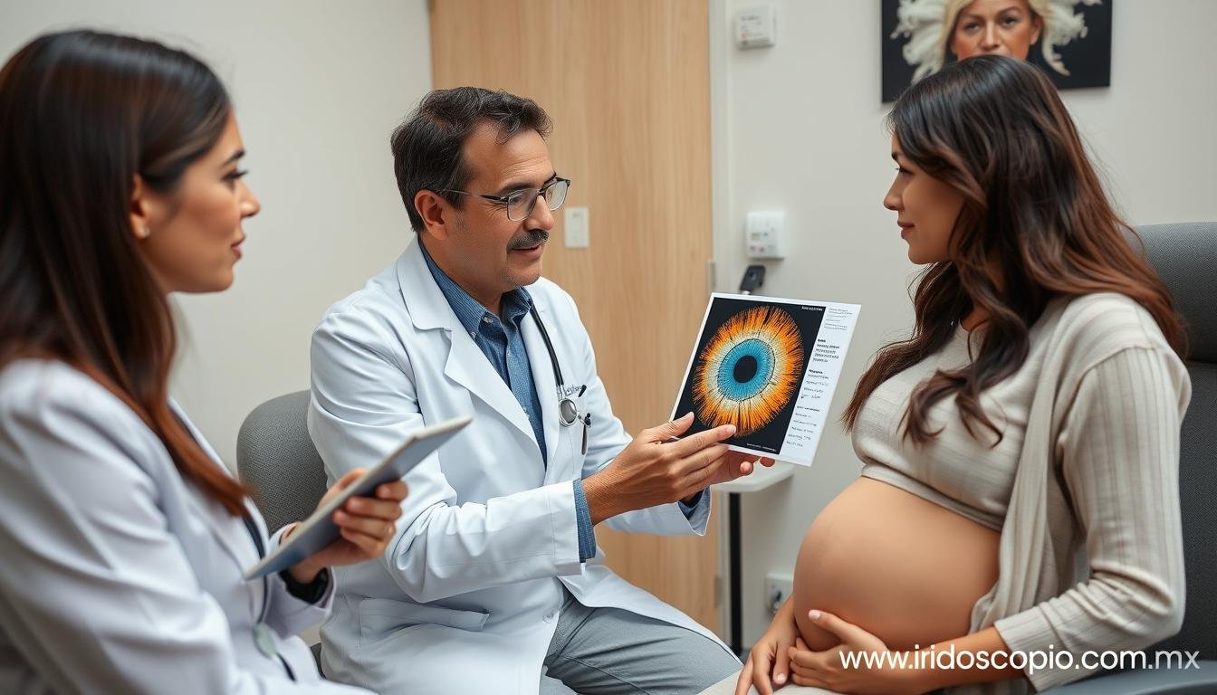 Consulta conjunta entre iridólogo y médico obstetra analizando resultados de iridología Consulta conjunta entre iridólogo y médico obstetra analizando resultados de iridología