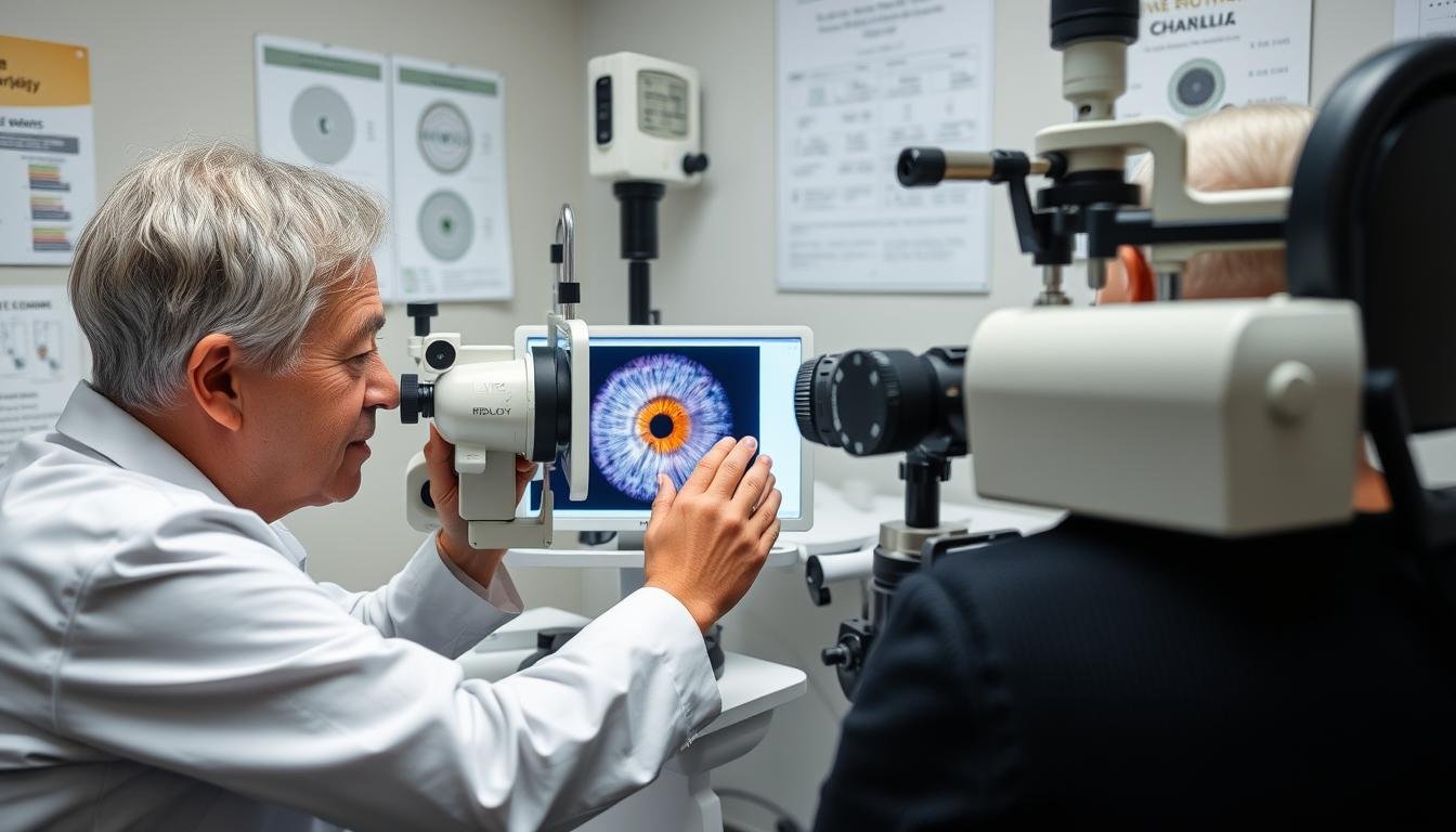 Consulta profesional de iridología utilizando equipamiento especializado