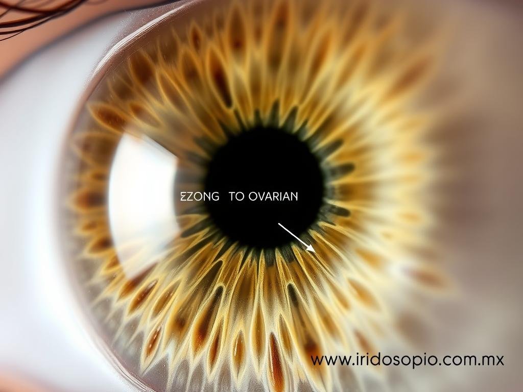 Detalle del iris femenino mostrando la zona correspondiente a los ovarios según la iridología Detalle del iris femenino mostrando la zona correspondiente a los ovarios según la iridología