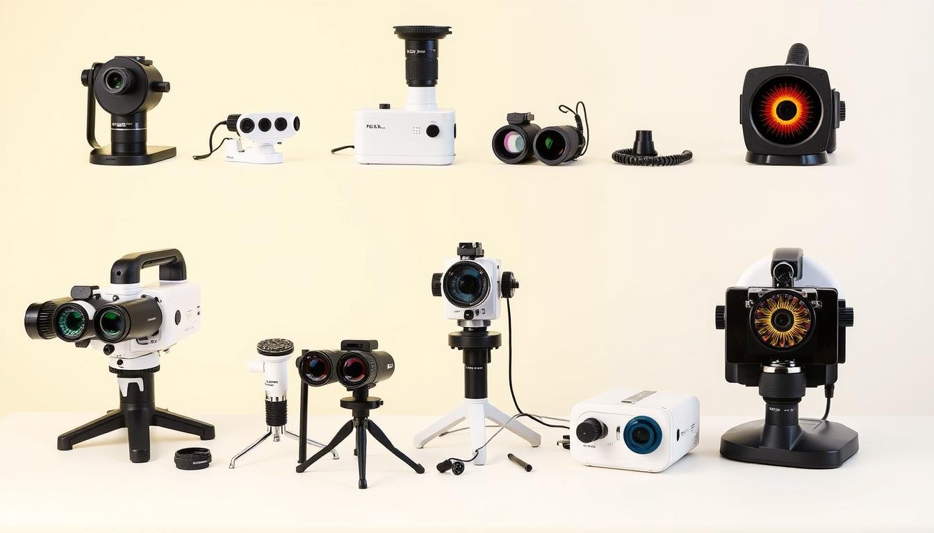 Diferentes modelos de cámaras de iridología profesionales con sus accesorios