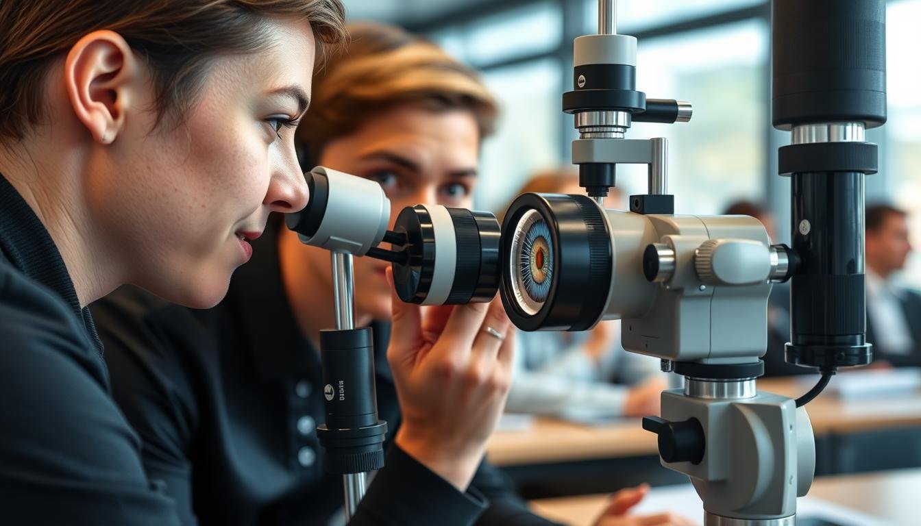 Estudiante examinando un iris en una Escuela de iridología