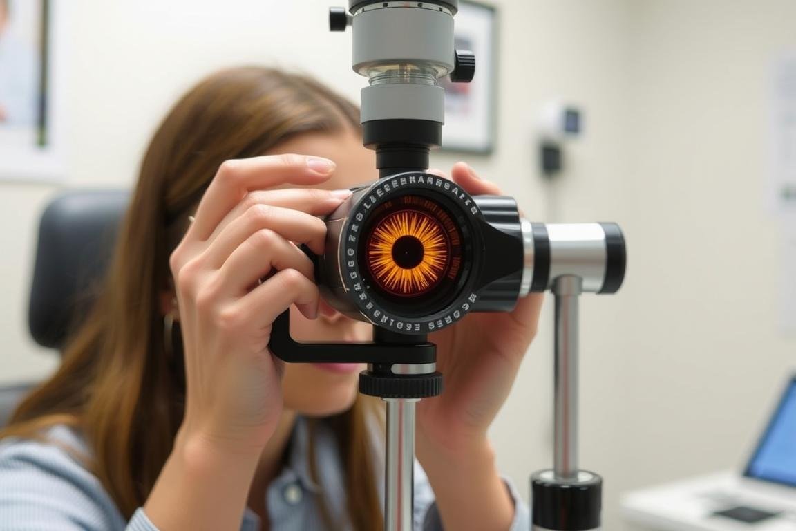 Estudiante practicando análisis de iris con un iridoscopio profesional