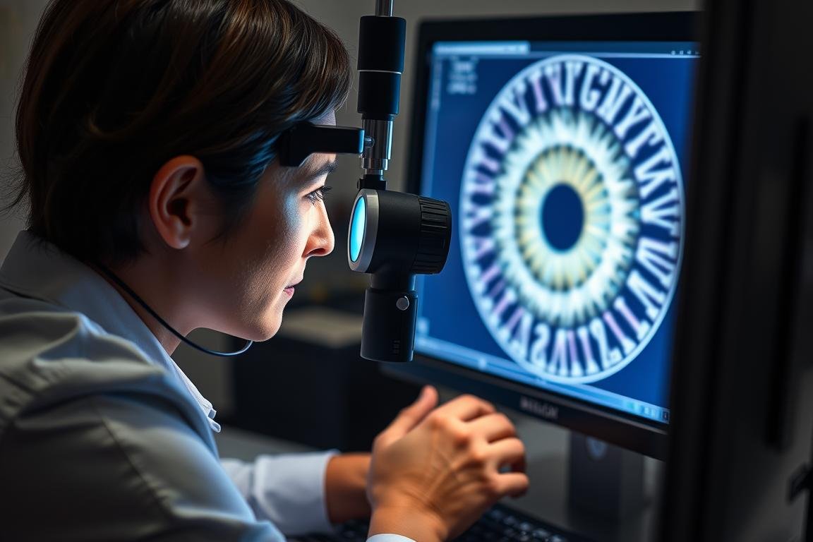 Estudiante practicando análisis de iris en una escuela de iridología profesional