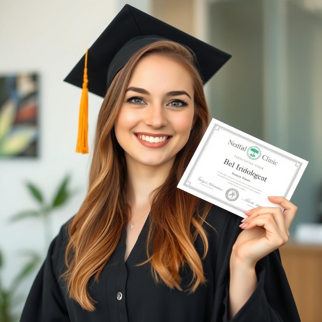 Estudiante recién graduada de una escuela de iridología
