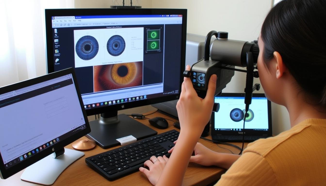 Estudiante tomando curso online de iridología desde casa