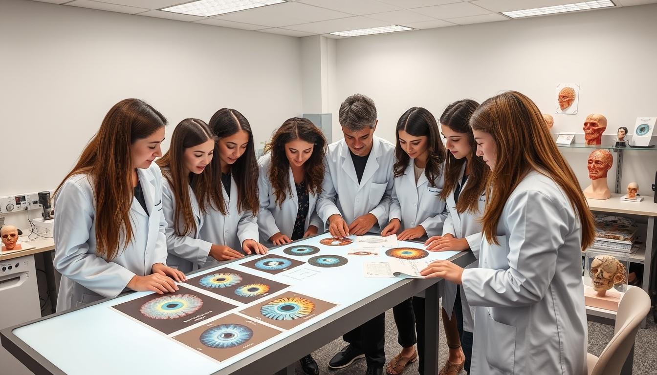 Estudiantes en una escuela de iridología analizando mapas del iris