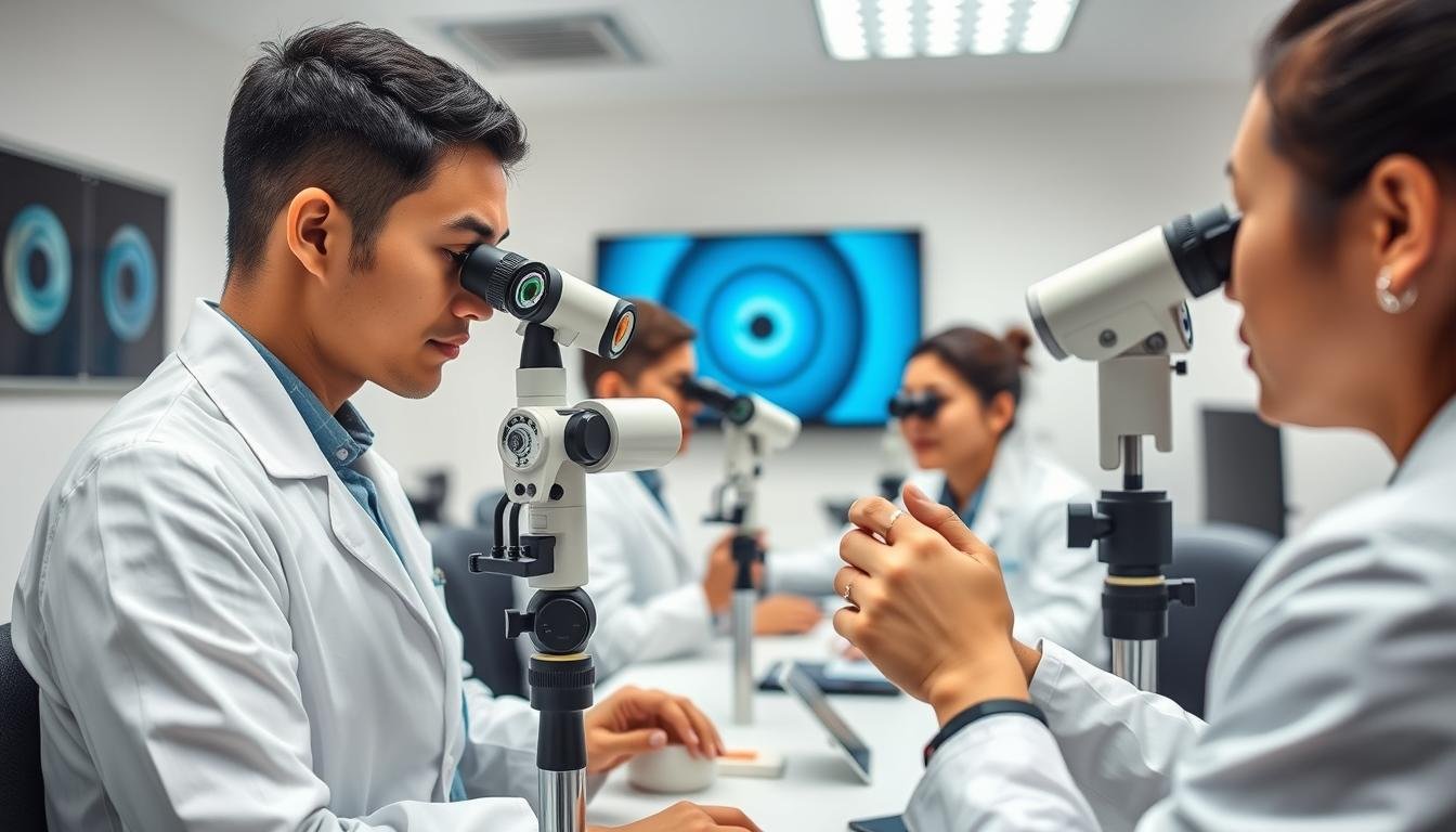Estudiantes en una escuela de iridología analizando patrones del iris