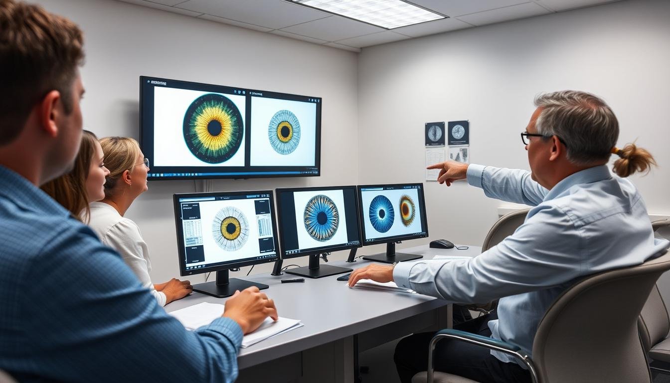 Estudiantes en una escuela de iridología aprendiendo a analizar patrones del iris