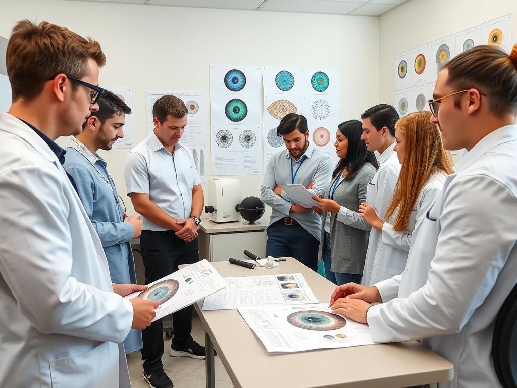 Estudiantes examinando mapas de iris en una escuela de iridología
