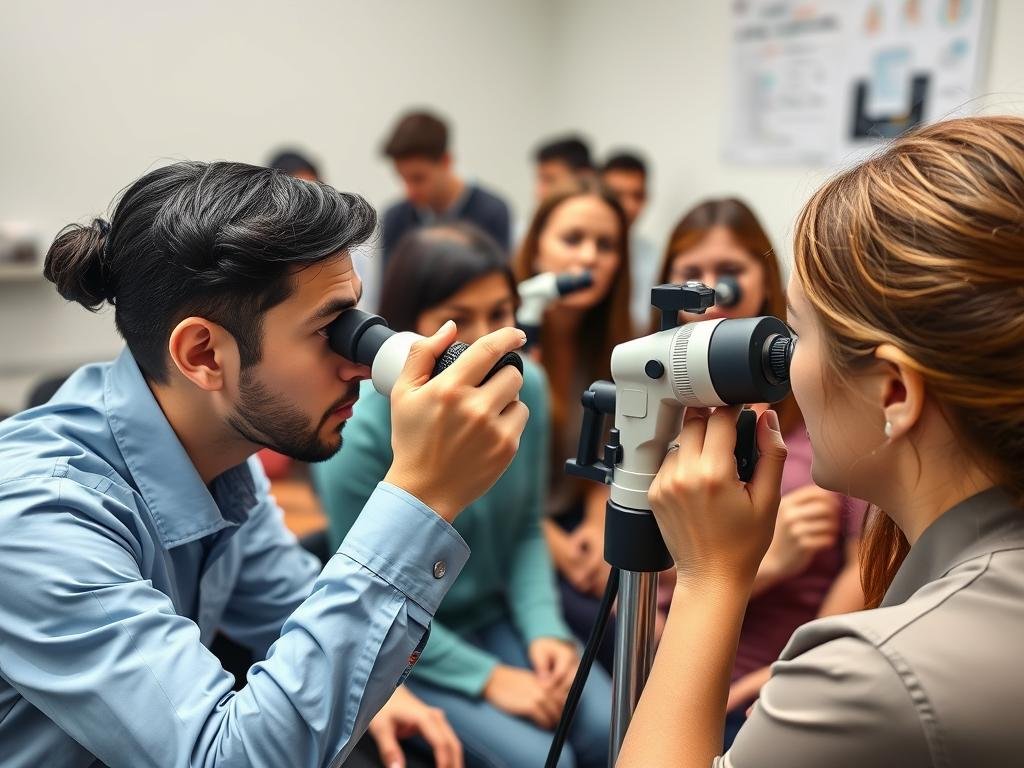 Estudiantes practicando con iridoscopios en nuestra escuela