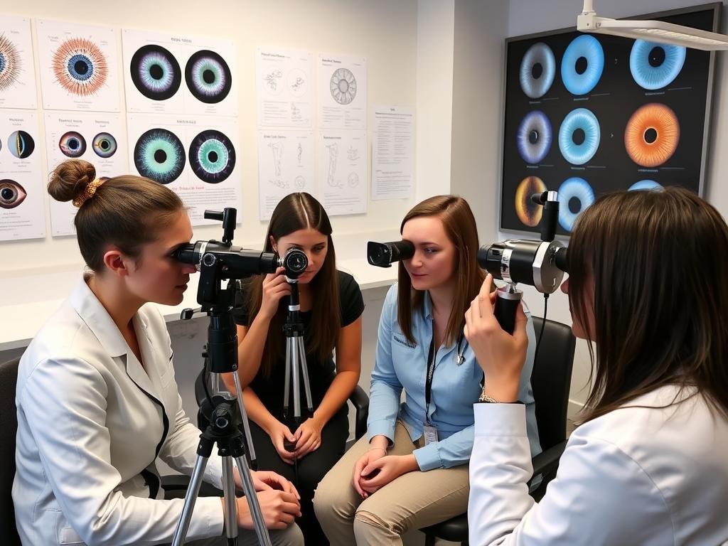 Estudiantes practicando técnicas de iridología en una escuela de iridología moderna