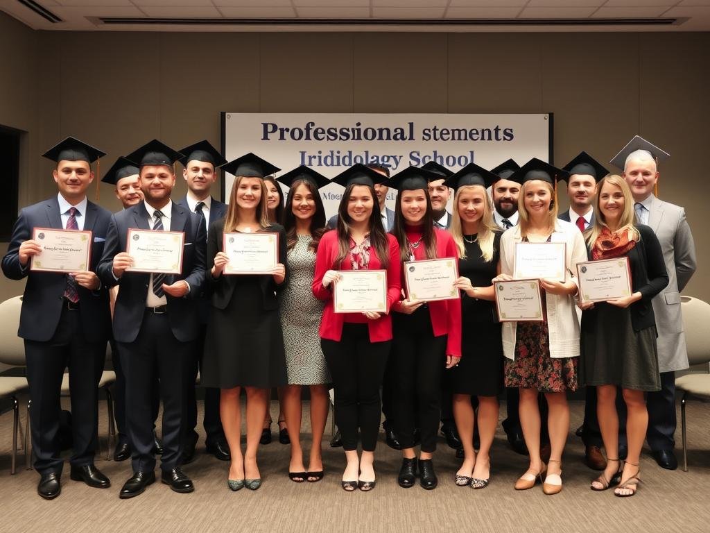 Graduados de una escuela de iridología profesional recibiendo sus certificados