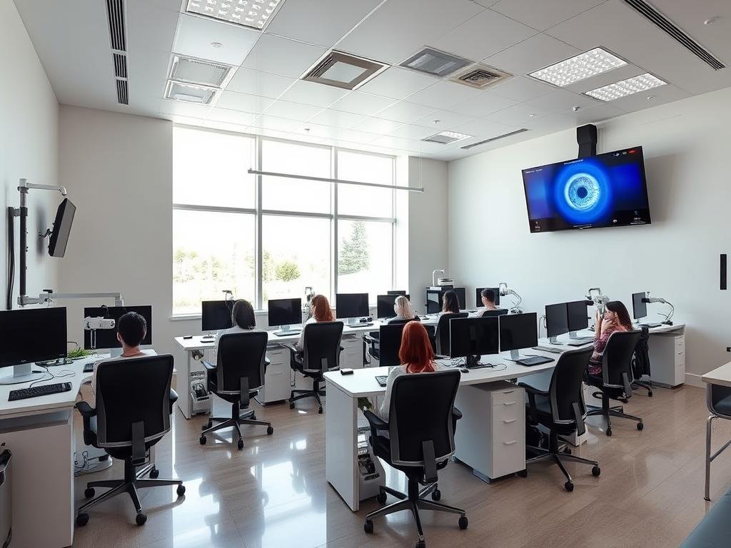 Instalaciones modernas de la escuela de iridología con aulas equipadas con tecnología avanzada