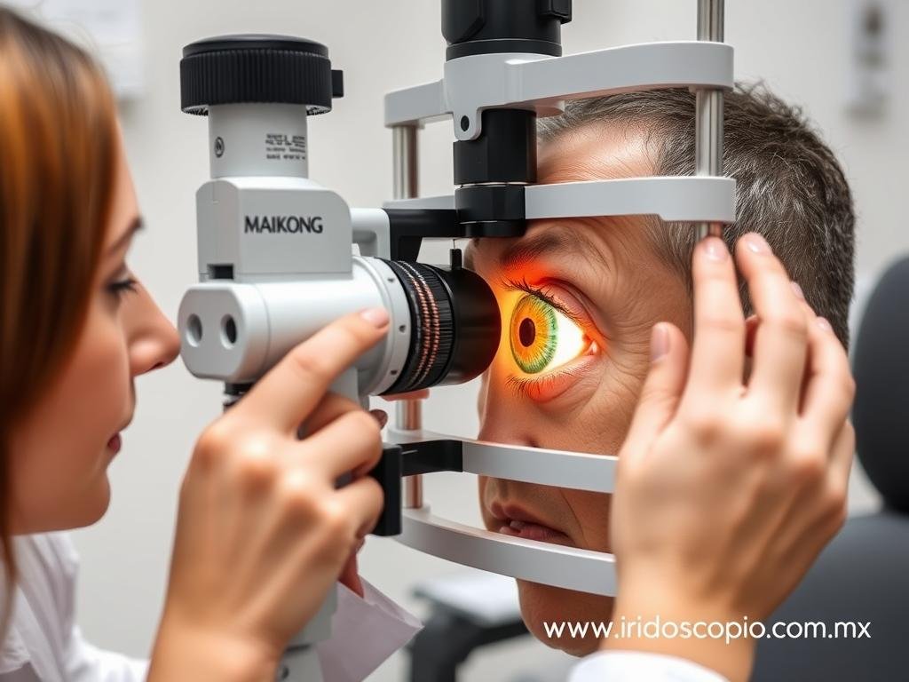 Iridólogo analizando el iris de un paciente con equipo especializado