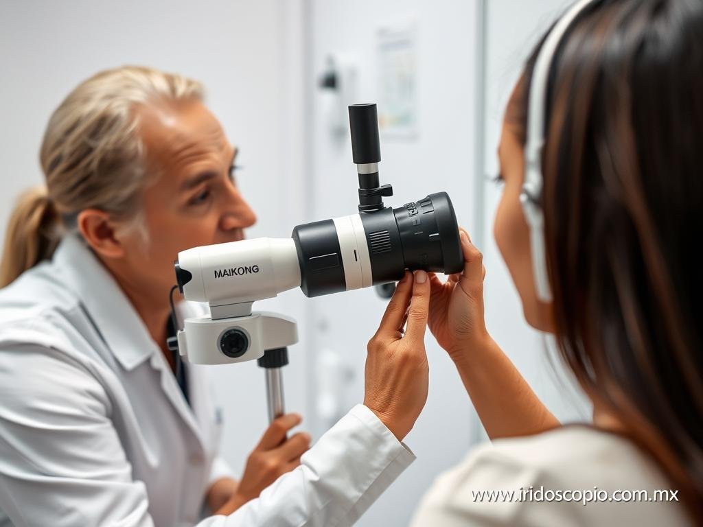 Iridólogo examinando el iris de una mujer embarazada con un iridoscopio MAIKONG Iridólogo examinando el iris de una mujer embarazada con un iridoscopio MAIKONG