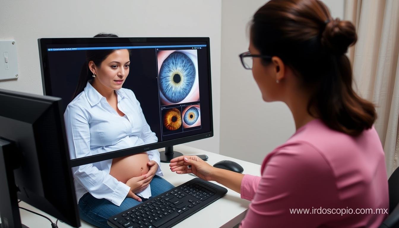 Iridólogo explicando resultados a una mujer embarazada utilizando imágenes capturadas con equipo MAIKONG Iridólogo explicando resultados a una mujer embarazada utilizando imágenes capturadas con equipo MAIKONG