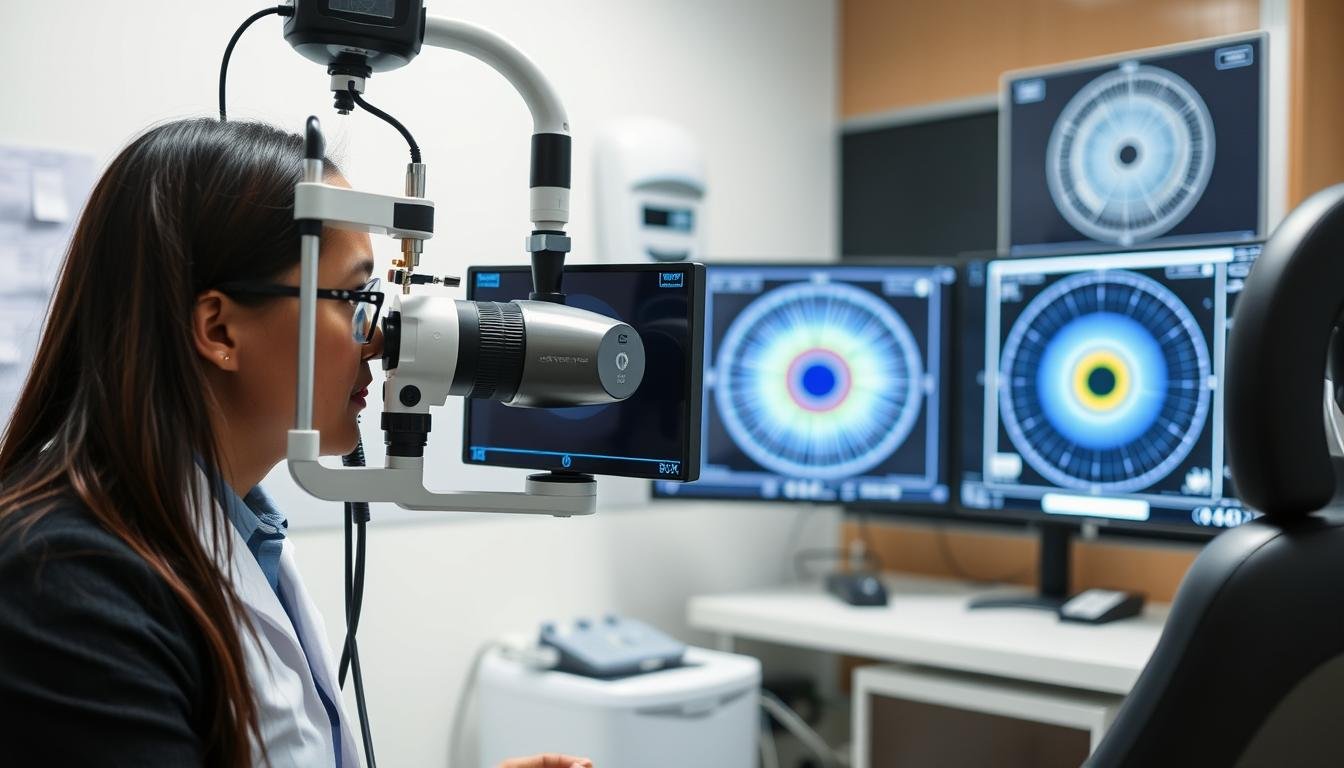 Iridólogo utilizando tecnología moderna para análisis de iris