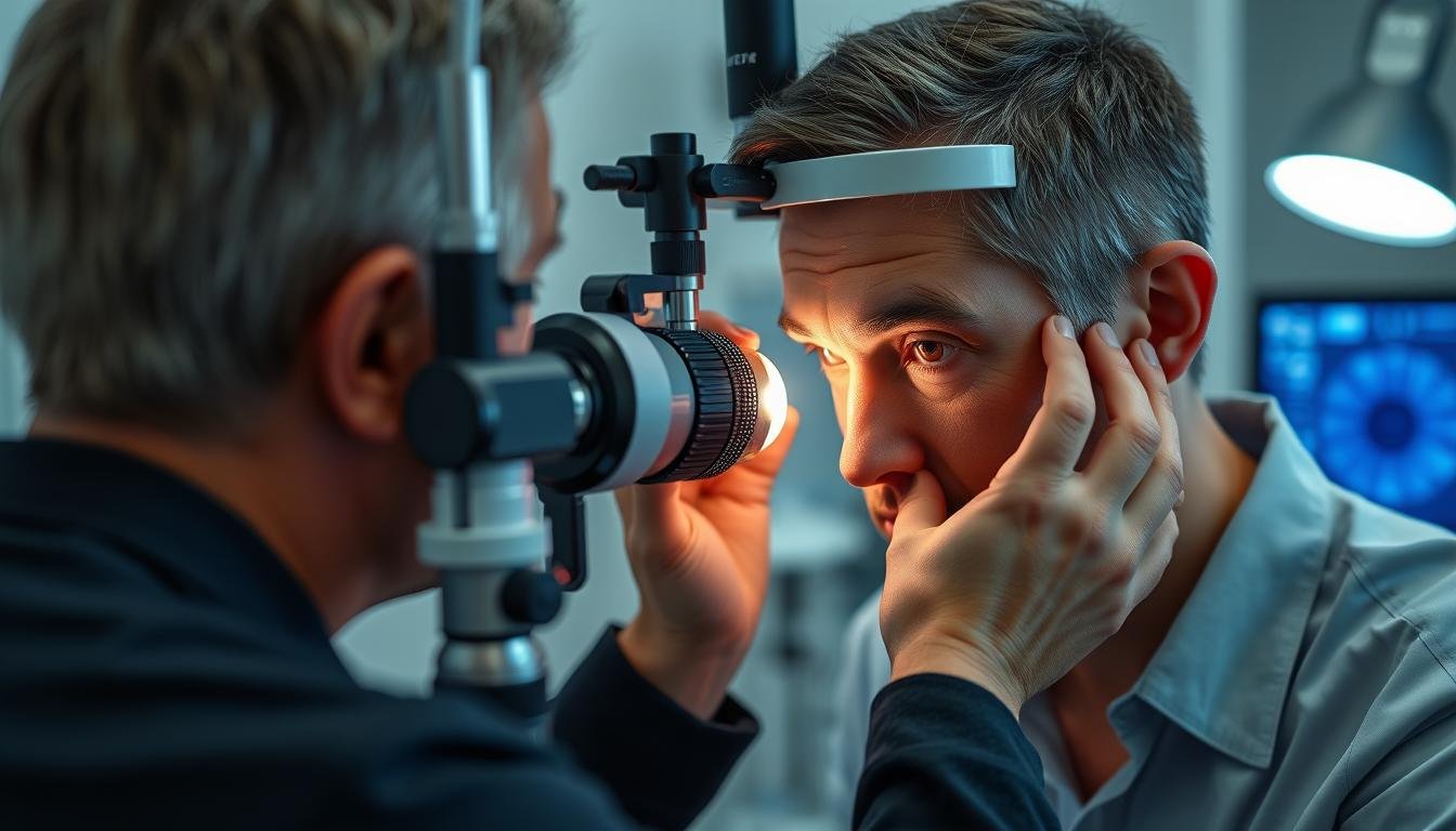 Iriólogo profesional analizando el iris de un paciente con una cámara de iridología