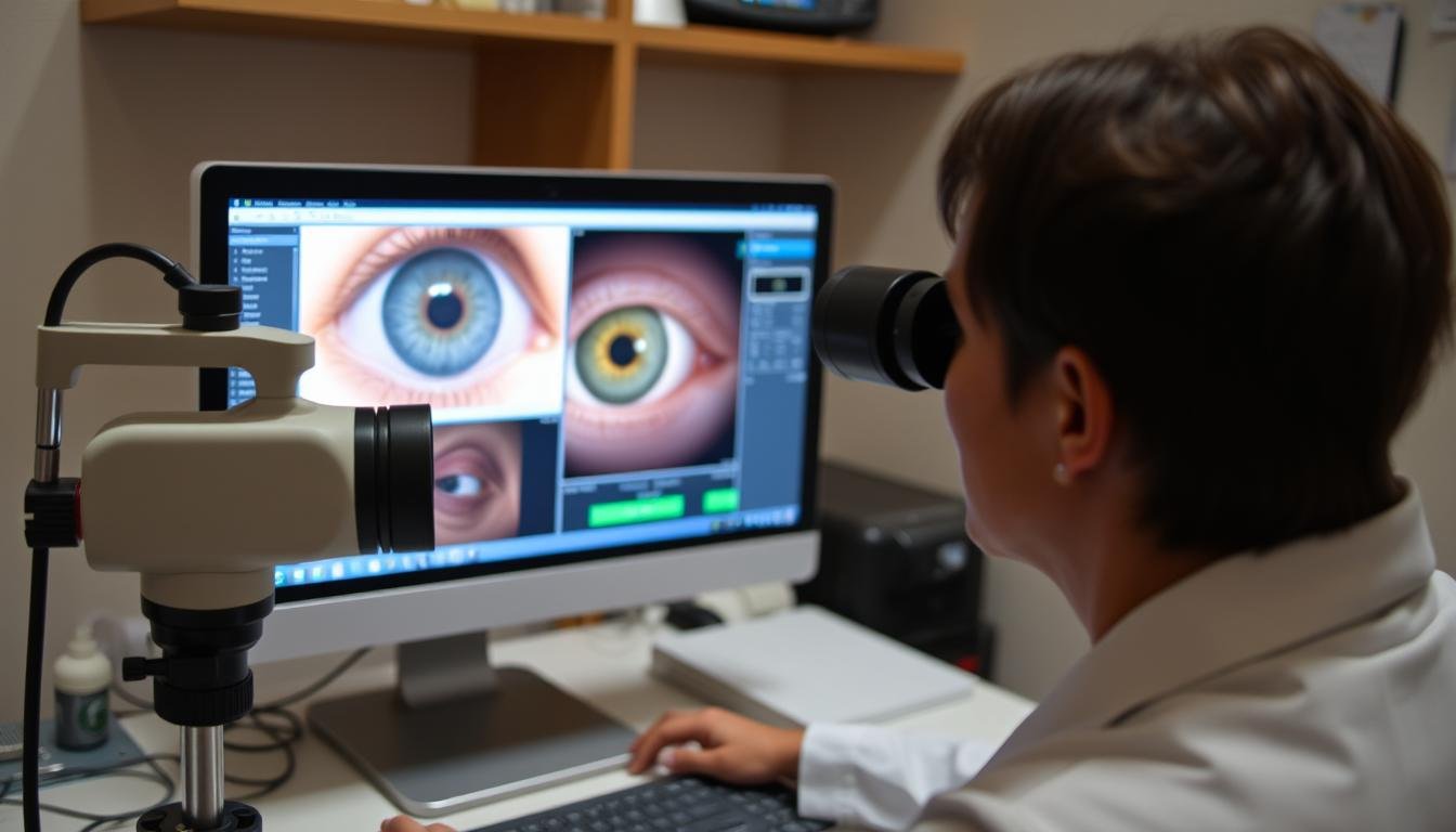 Iriólogo trabajando con software avanzado de análisis de iris conectado a una cámara de iridología